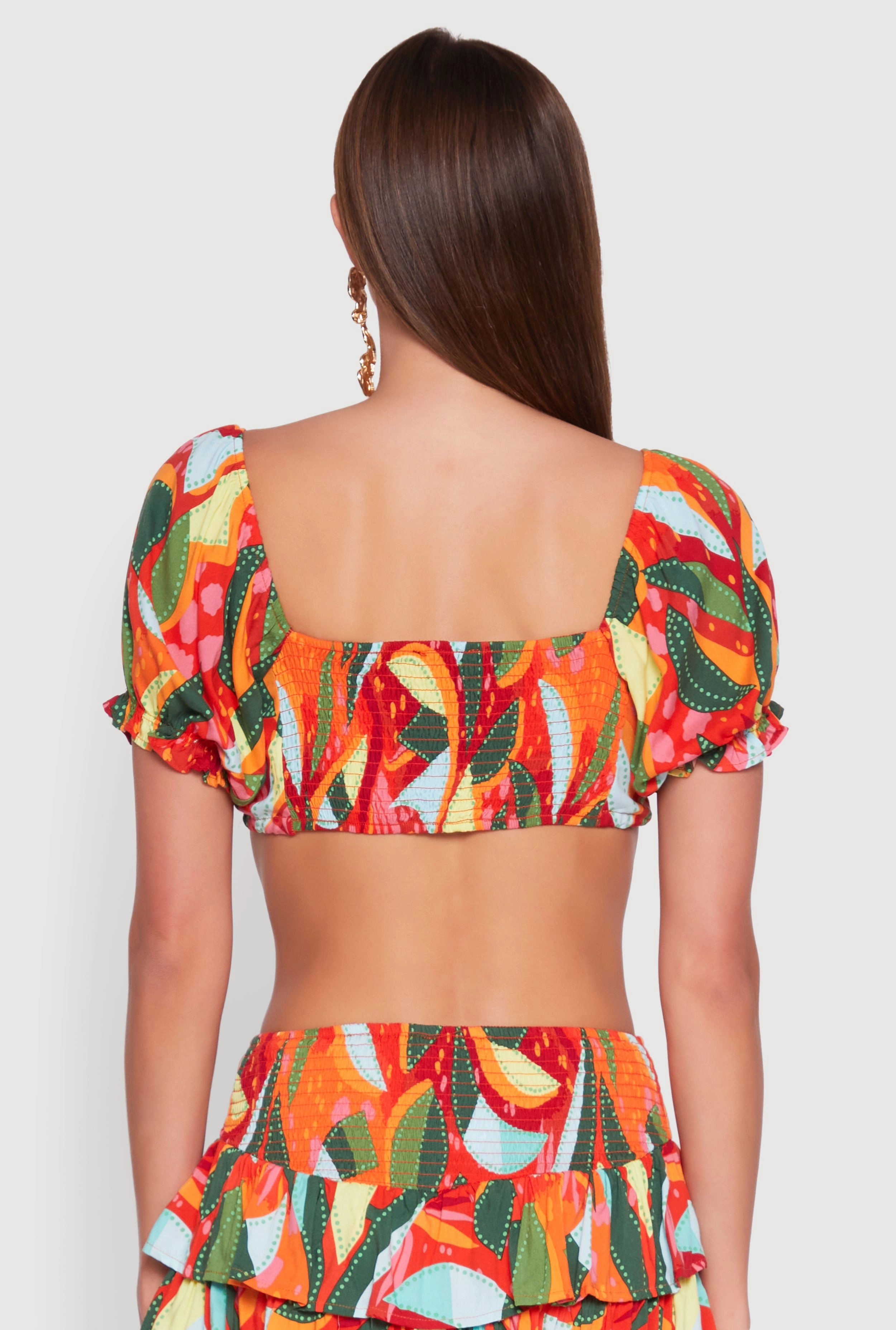 Abstract Print Drawstring Keyhole Crop Top