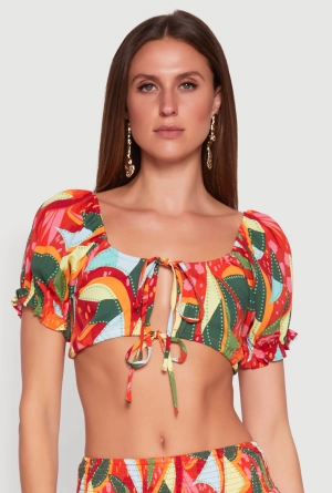 Abstract Print Drawstring Keyhole Crop Top