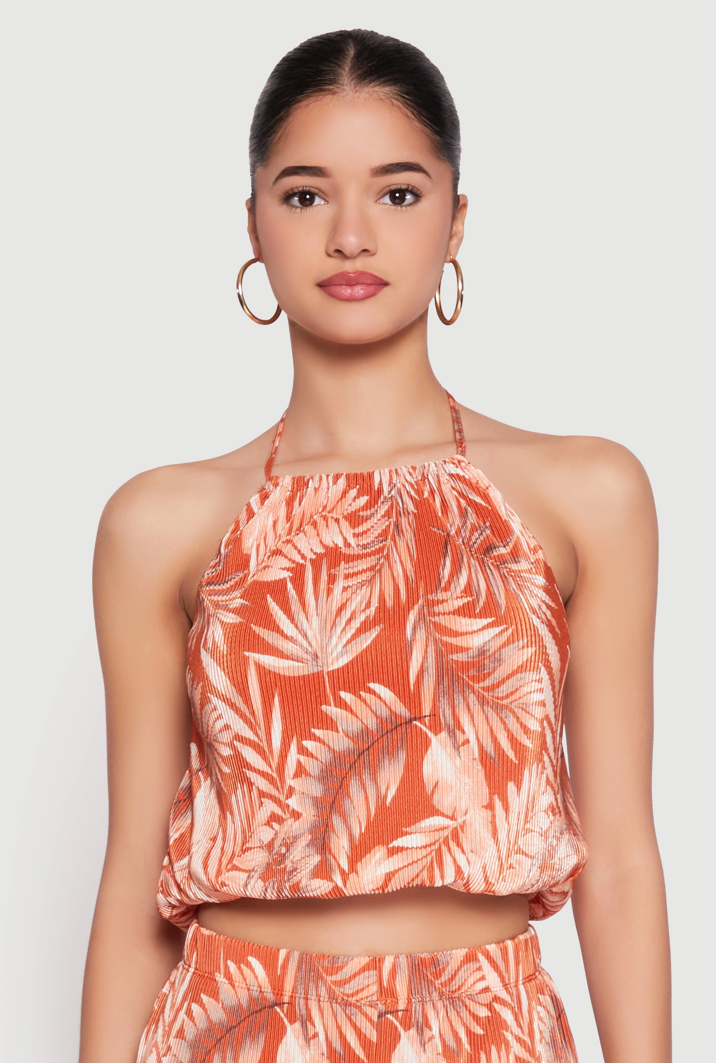 Almost Famous Plisse Tropical Print Cropped Halter Top