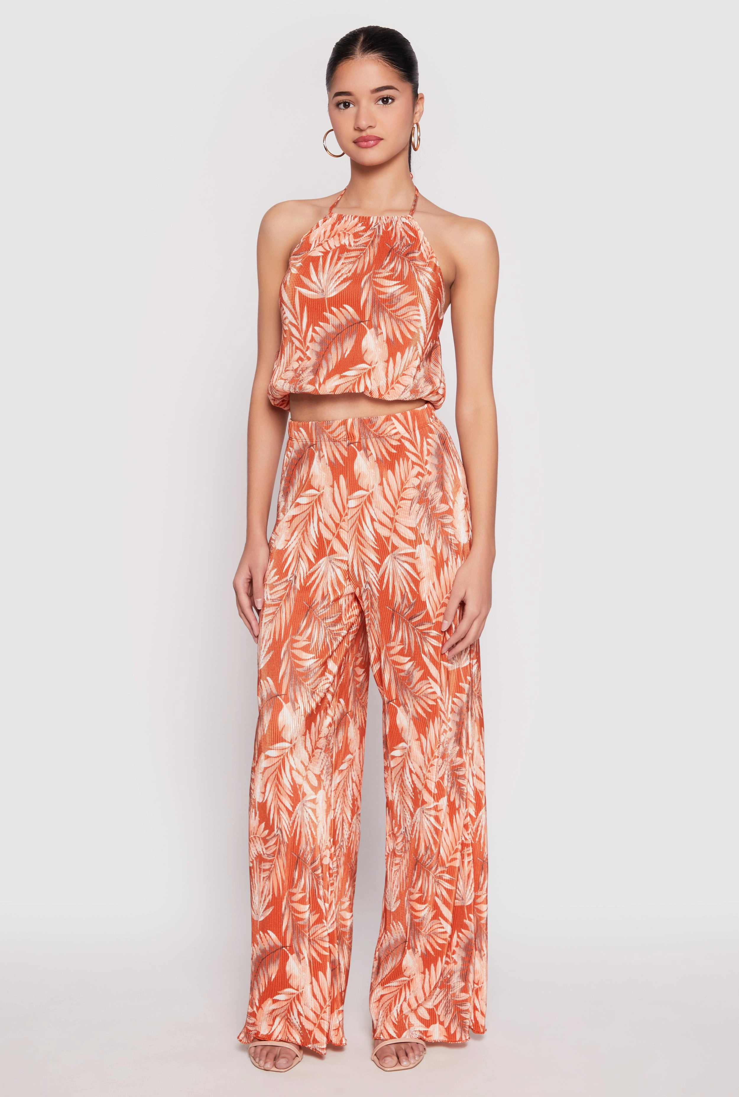 Almost Famous Plisse Tropical Print Cropped Halter Top