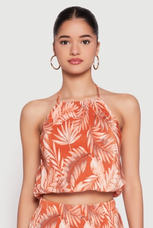 Almost Famous Plisse Tropical Print Cropped Halter Top