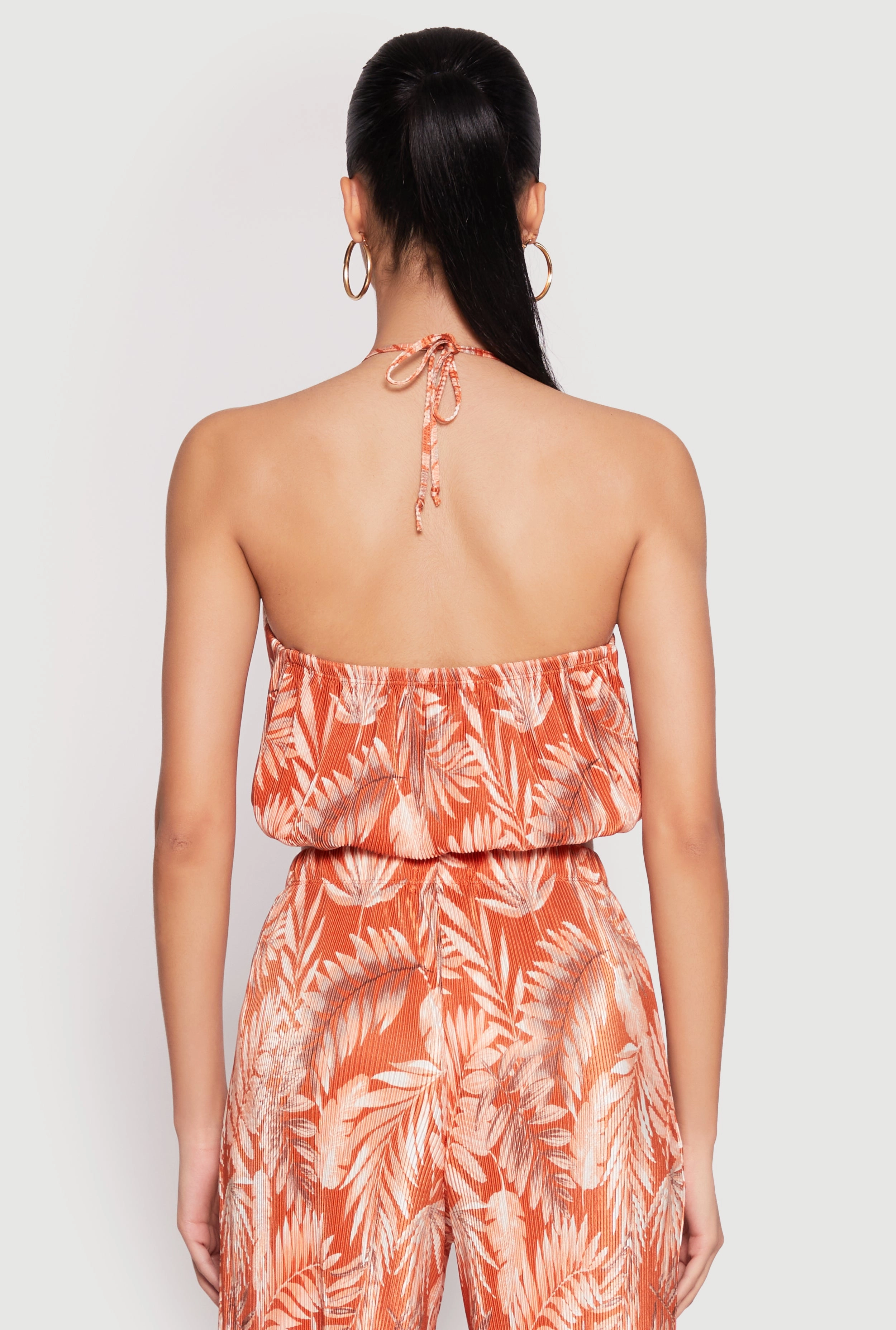 Almost Famous Plisse Tropical Print Cropped Halter Top