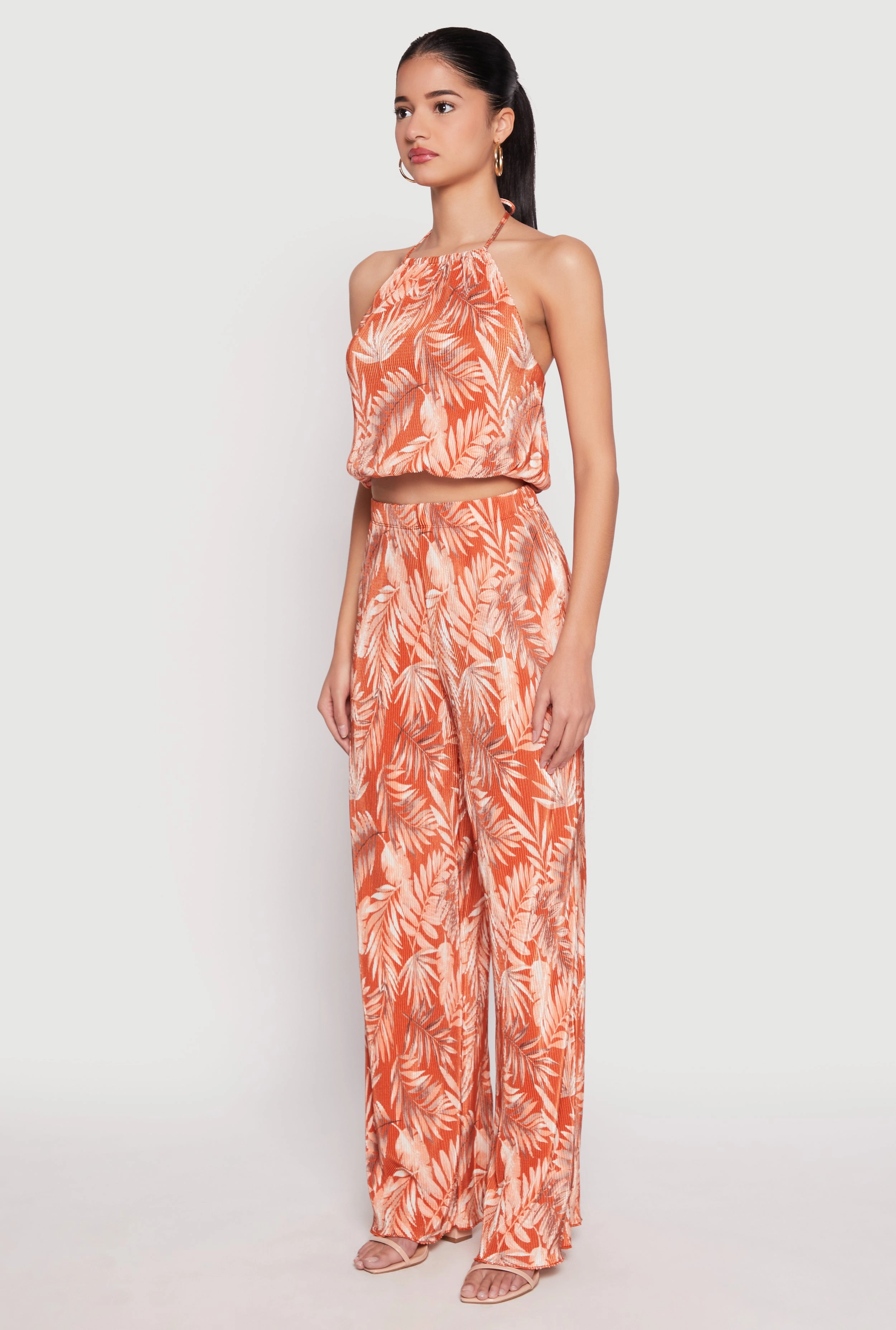 Almost Famous Plisse Tropical Print Cropped Halter Top