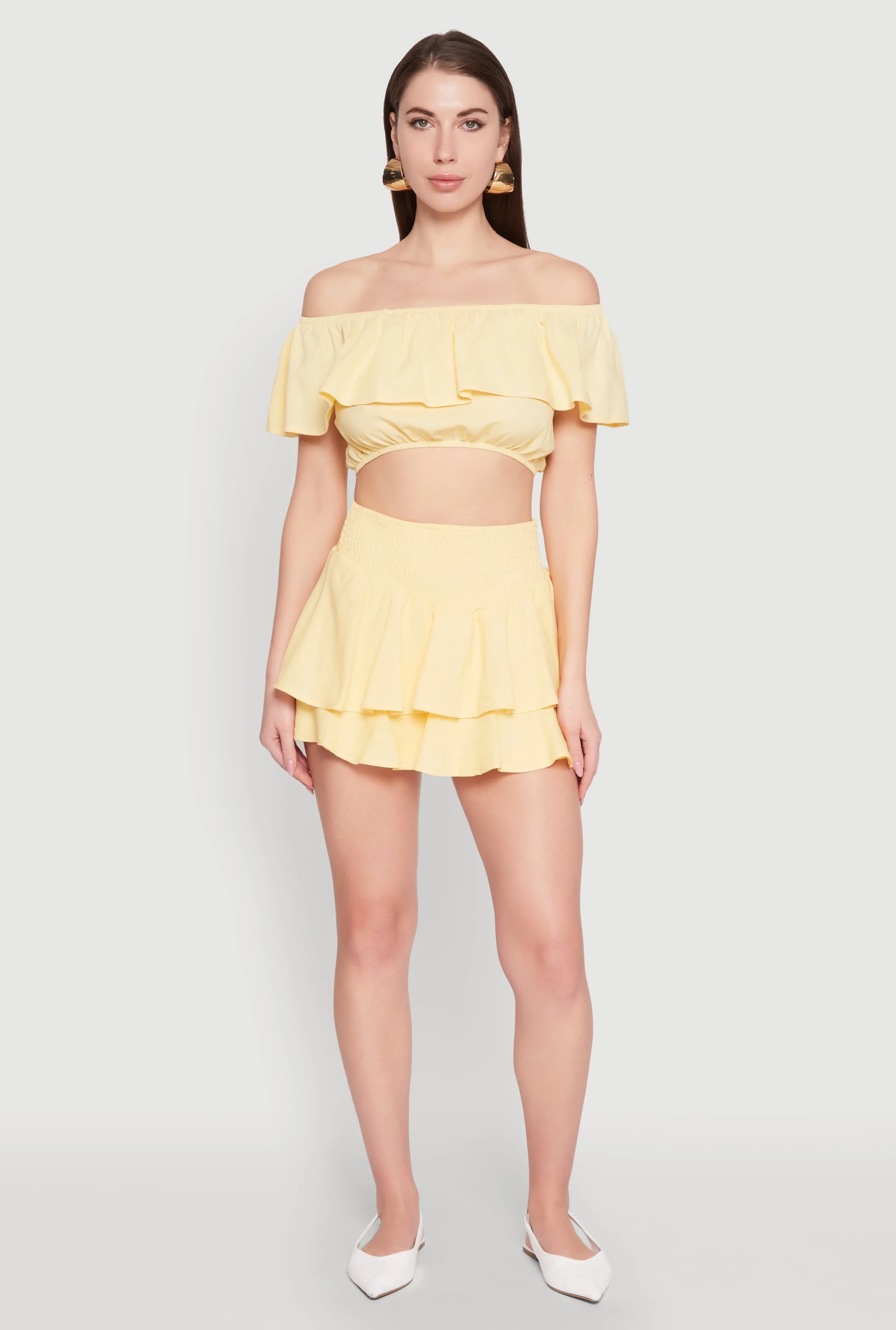 Almost Famous Ruffle Overlay Off the Shoulder Crop Top