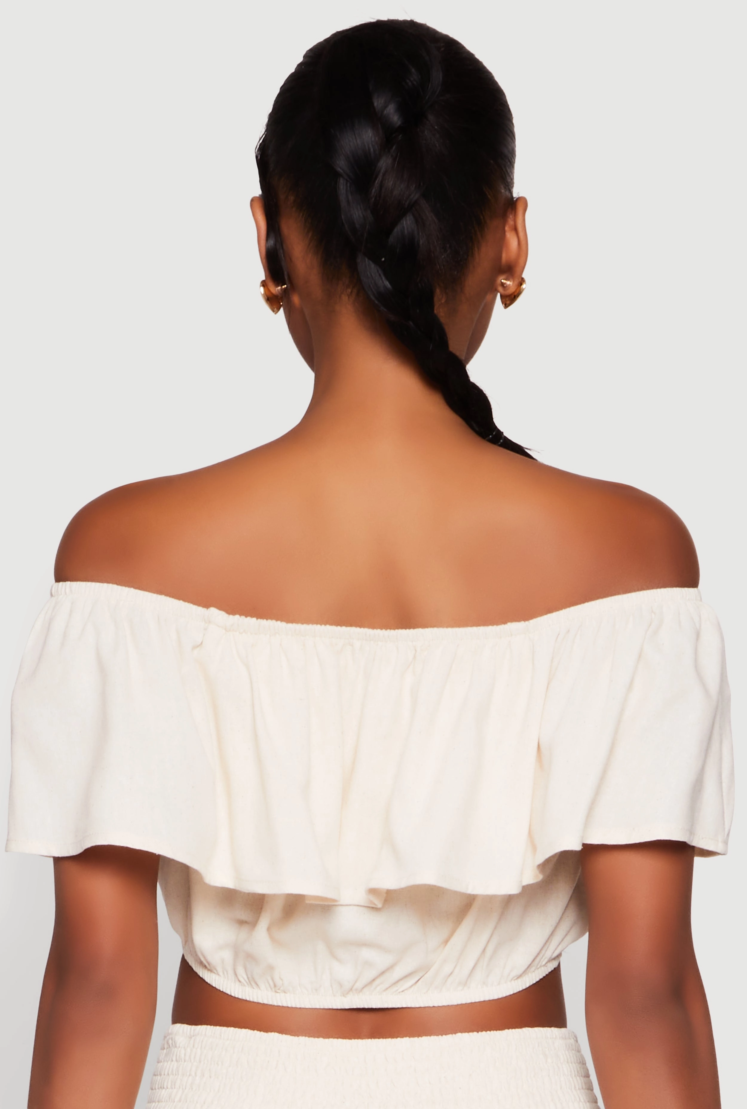 Almost Famous Ruffle Overlay Off the Shoulder Crop Top