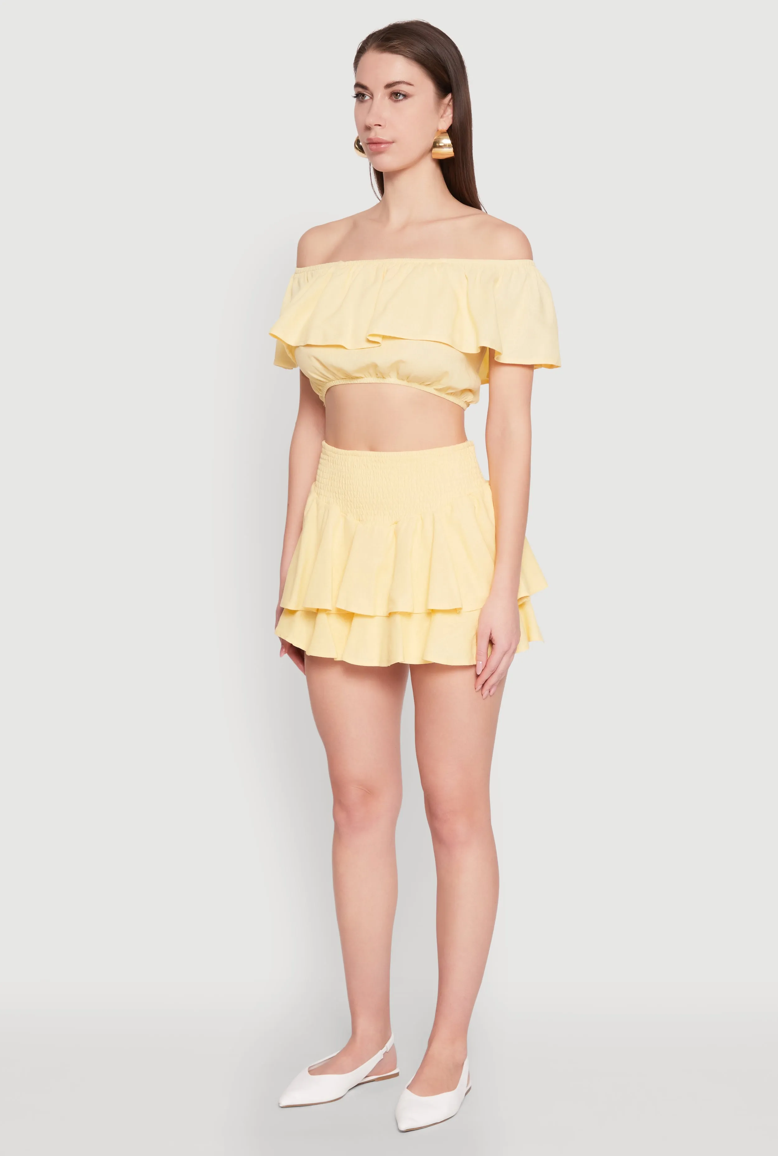 Almost Famous Ruffle Overlay Off the Shoulder Crop Top
