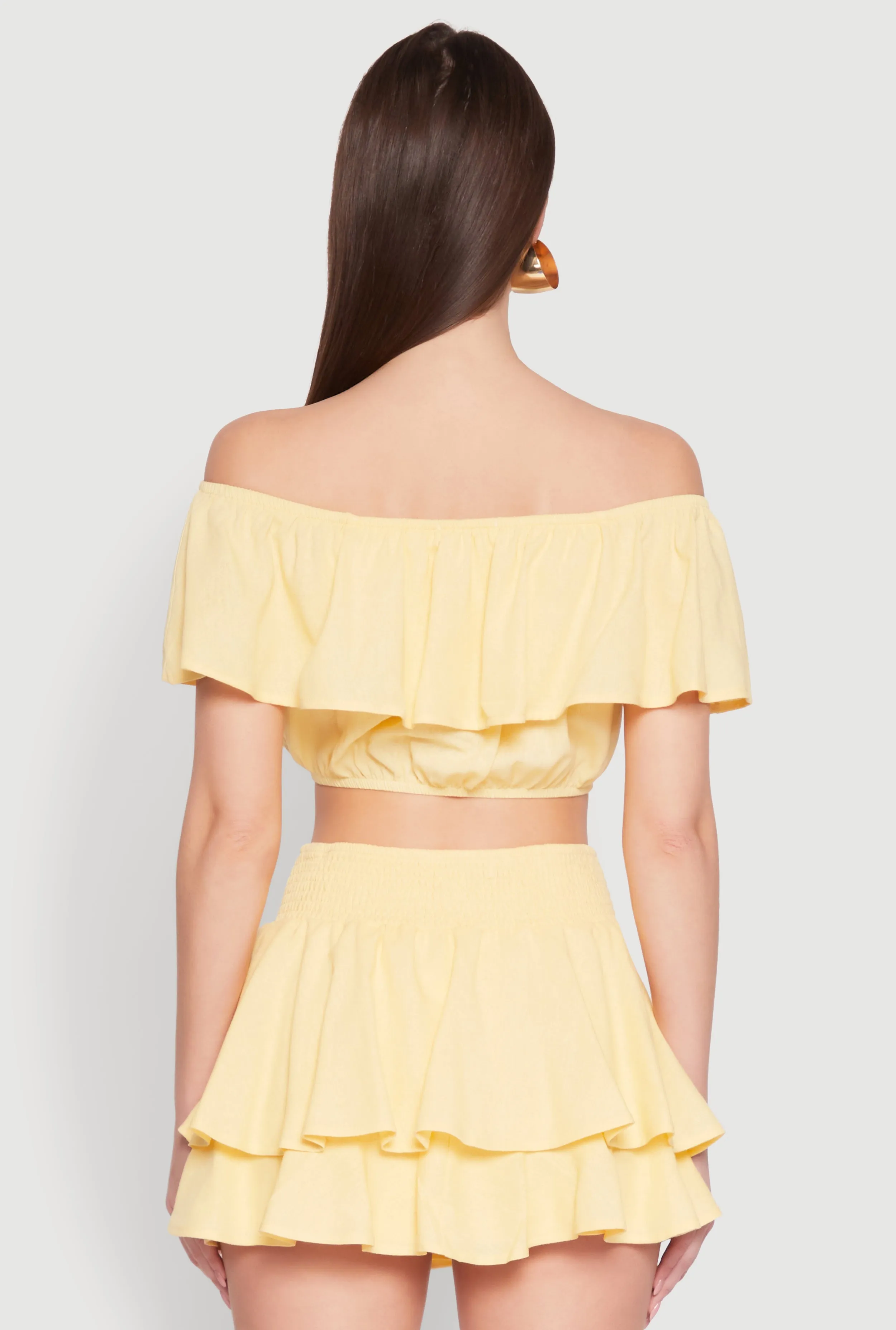 Almost Famous Ruffle Overlay Off the Shoulder Crop Top