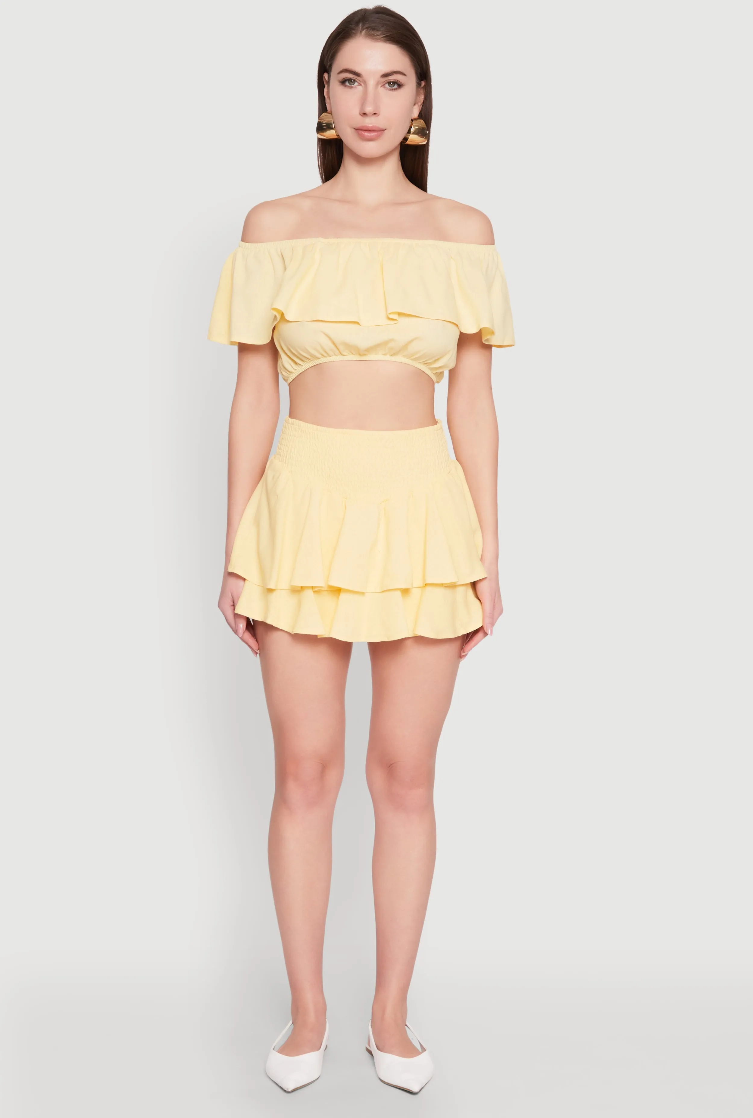 Almost Famous Ruffle Overlay Off the Shoulder Crop Top
