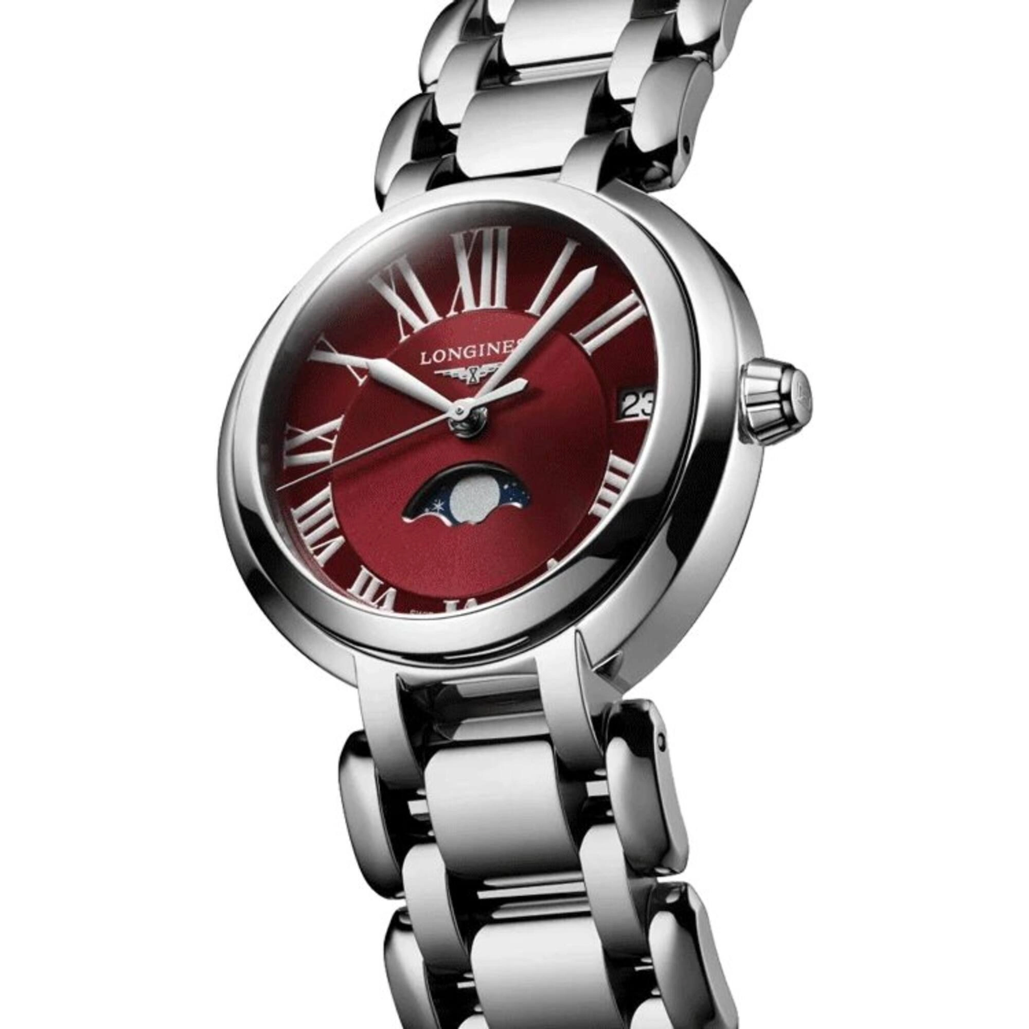 Longines Women's Watch - Primaluna Moon Phase Red Dial Silver Tone Bracelet | L81154926