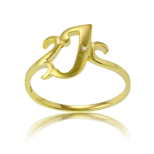 Sterling Silver 1 Micron GP Single CZ "J" Ring - W-9480