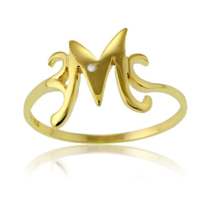 Sterling Silver 1 Micron GP Single CZ "M" Ring, Size 7