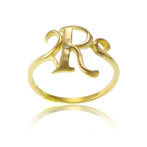 Sterling Silver 1 Micron GP Single CZ "R" Ring - W-9528
