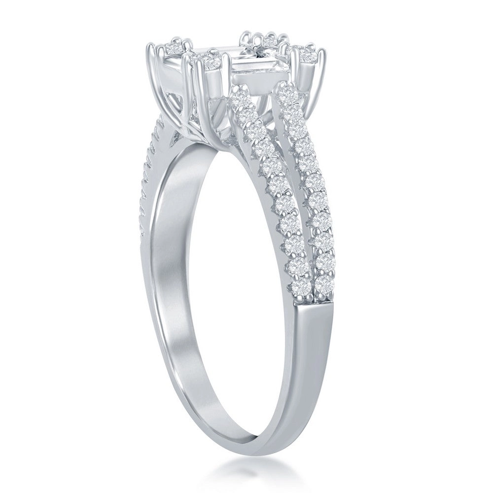 Sterling Silver Baguette CZ Emerald-Cut Engagement Ring - W-2411