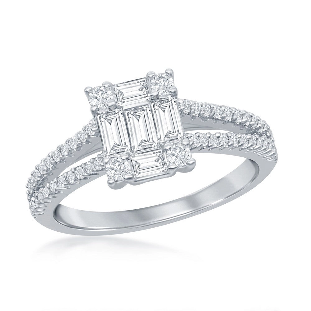 Sterling Silver Baguette CZ Emerald-Cut Engagement Ring - W-2411