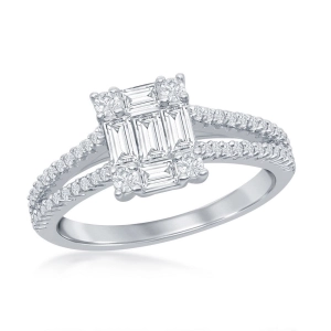 Sterling Silver Baguette CZ Emerald-Cut Engagement Ring - W-2411