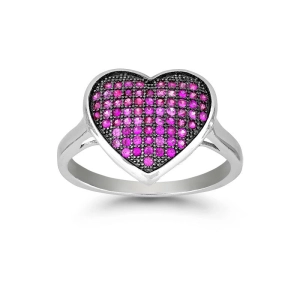 Sterling Silver Black Rhodium Pink CZ Heart Ring - W-9876