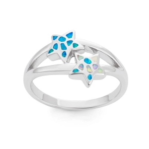 Sterling Silver Blue Inlay Opal Double Starfish Ring - W-1518