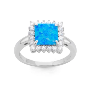 Sterling Silver Blue Inlay Opal Square with CZ Ring - W-1514