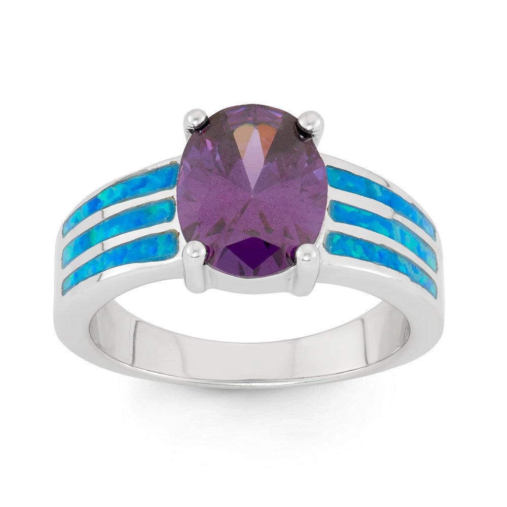 Sterling Silver Blue Inlay Opal with Purple CZ Ring - W-9778