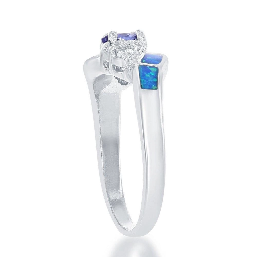 Sterling Silver Blue Opal, Clear CZ, Small Blue CZ Ring, Size 7
