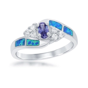 Sterling Silver Blue Opal, Clear CZ, Small Blue CZ Ring, Size 7