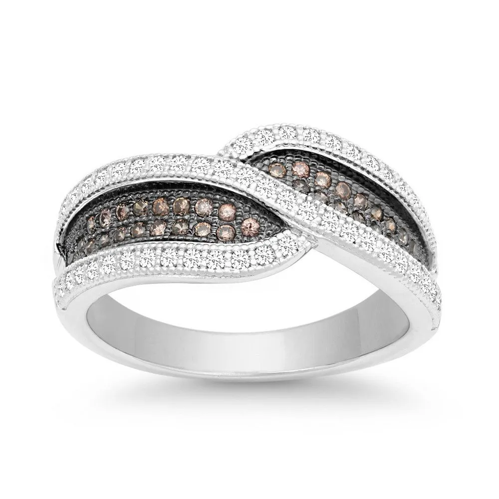 Sterling Silver Crossed Champagne and White CZ Ring - W-9906