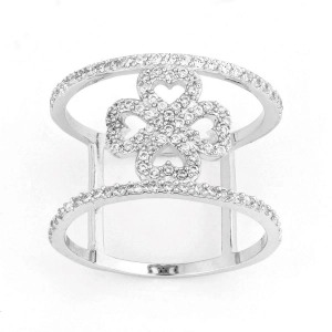 Sterling Silver CZ Wire with Center CZ Flower Wide Ring - W-9923