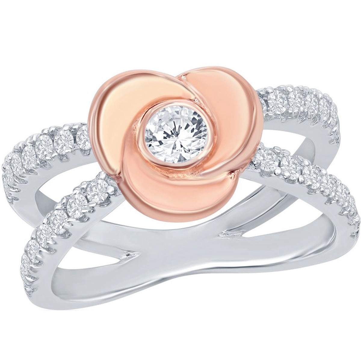 Sterling Silver Flower Micro Pave Open Band Ring - W-2034