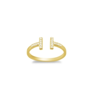 Sterling Silver Gold Plated CZ Double T Ring - W-1319