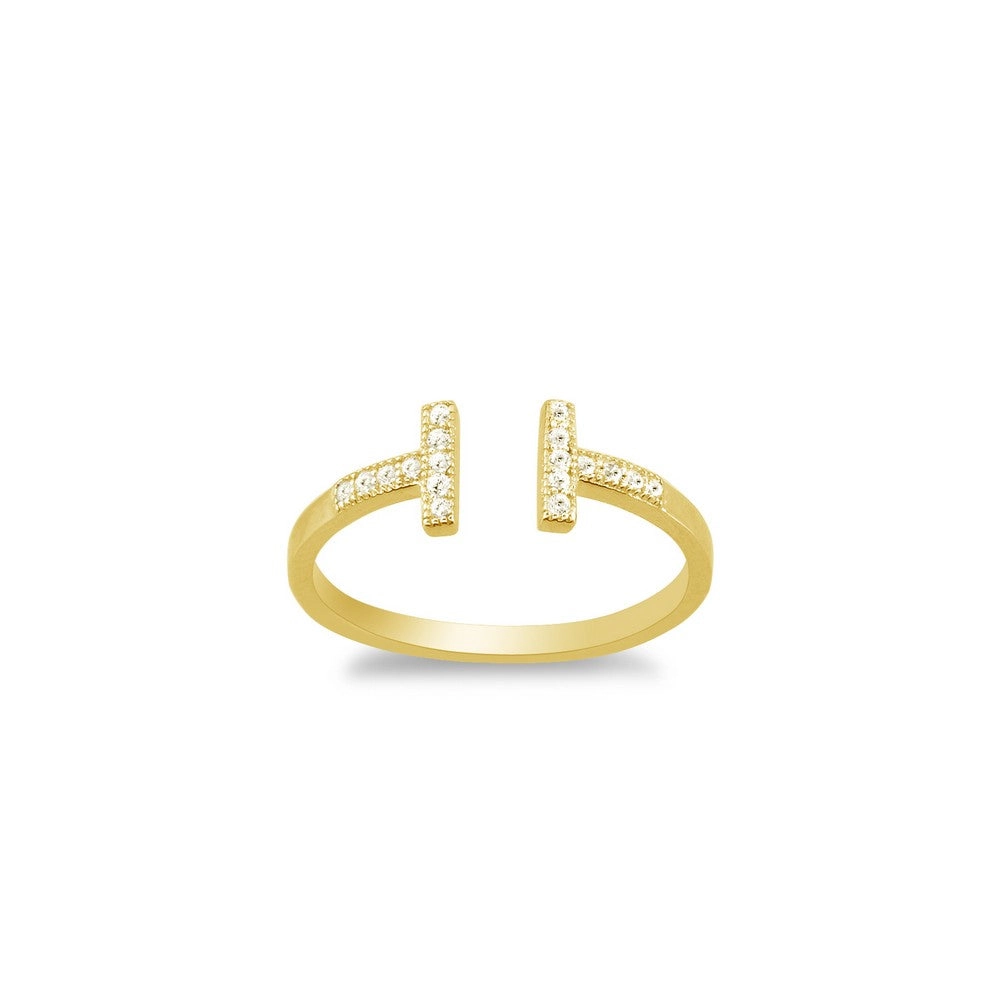 Sterling Silver Gold Plated CZ Double T Ring - W-1319