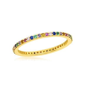 Sterling Silver GP Rainbow CZ Thin Band Ring - W-2134
