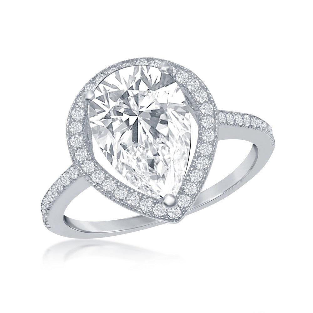 Sterling Silver Large Pear Shaped CZ Engagement Ring - W-2410