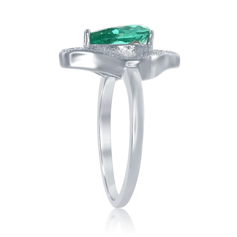 Sterling Silver Large Teardrop Emerald with CZ Ring - W-1760