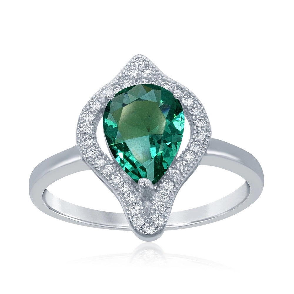 Sterling Silver Large Teardrop Emerald with CZ Ring - W-1760