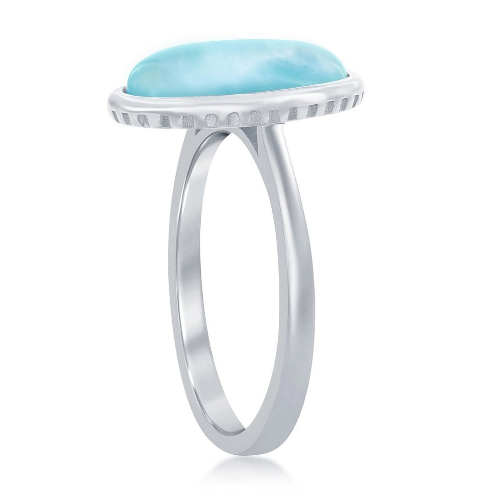 Sterling Silver Larimar Oval with Design Border Ring, Size 9