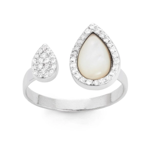 Sterling Silver MOP Teardrop with CZ Border Open Ring - W-1554