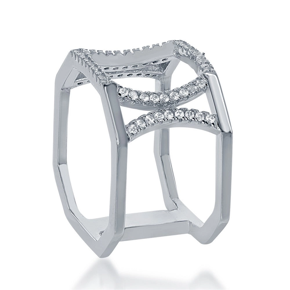 Sterling Silver Open Double CZ X Octangle Ring - W-1374