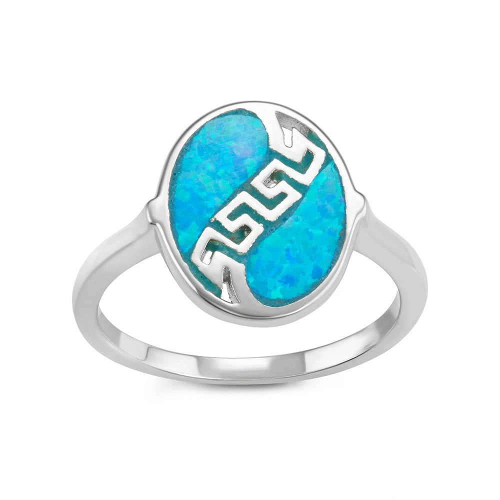 Sterling Silver Oval Blue Opal Greek Key Design Ring - W-1571
