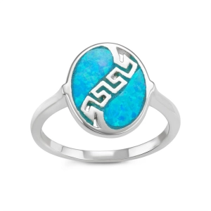 Sterling Silver Oval Blue Opal Greek Key Design Ring - W-1571