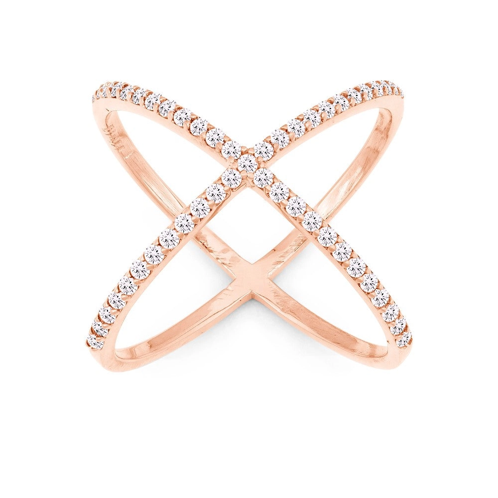Sterling Silver Rose Gold Plated CZ X Style Ring - W-9948