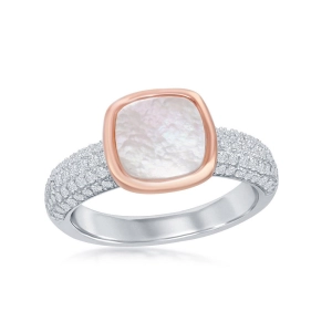 Sterling Silver Rose GP Square MOP Micro Pave Band Ring - W-2044