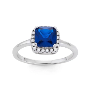 Sterling Silver Square Dark Blue CZ with Clear CZ Ring - W-1531