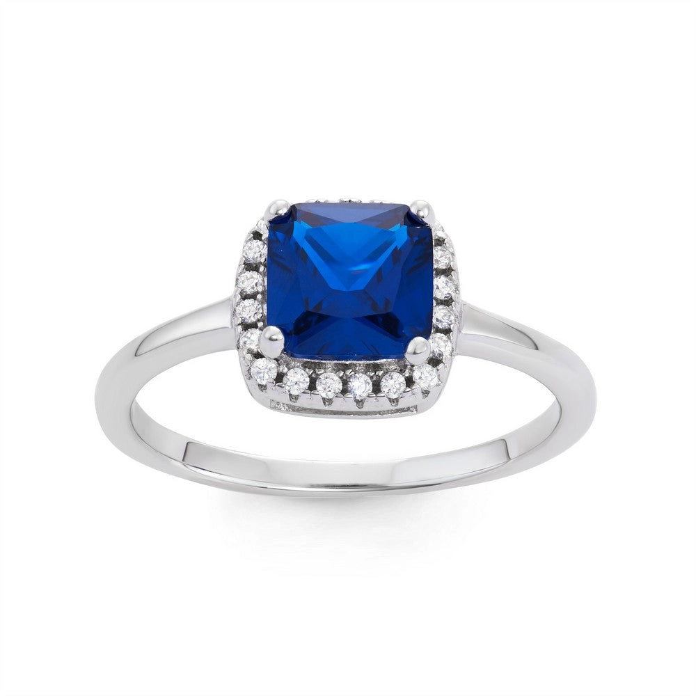 Sterling Silver Square Dark Blue CZ with Clear CZ Ring - W-1531