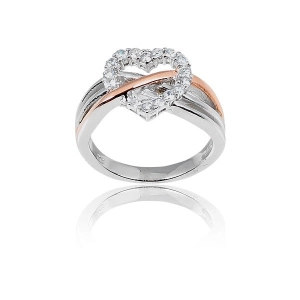 Sterling Silver Two Tone CZ Center Heart Ring - W-8929