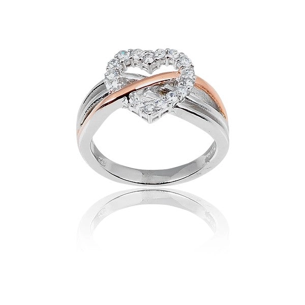 Sterling Silver Two Tone CZ Center Heart Ring - W-8929