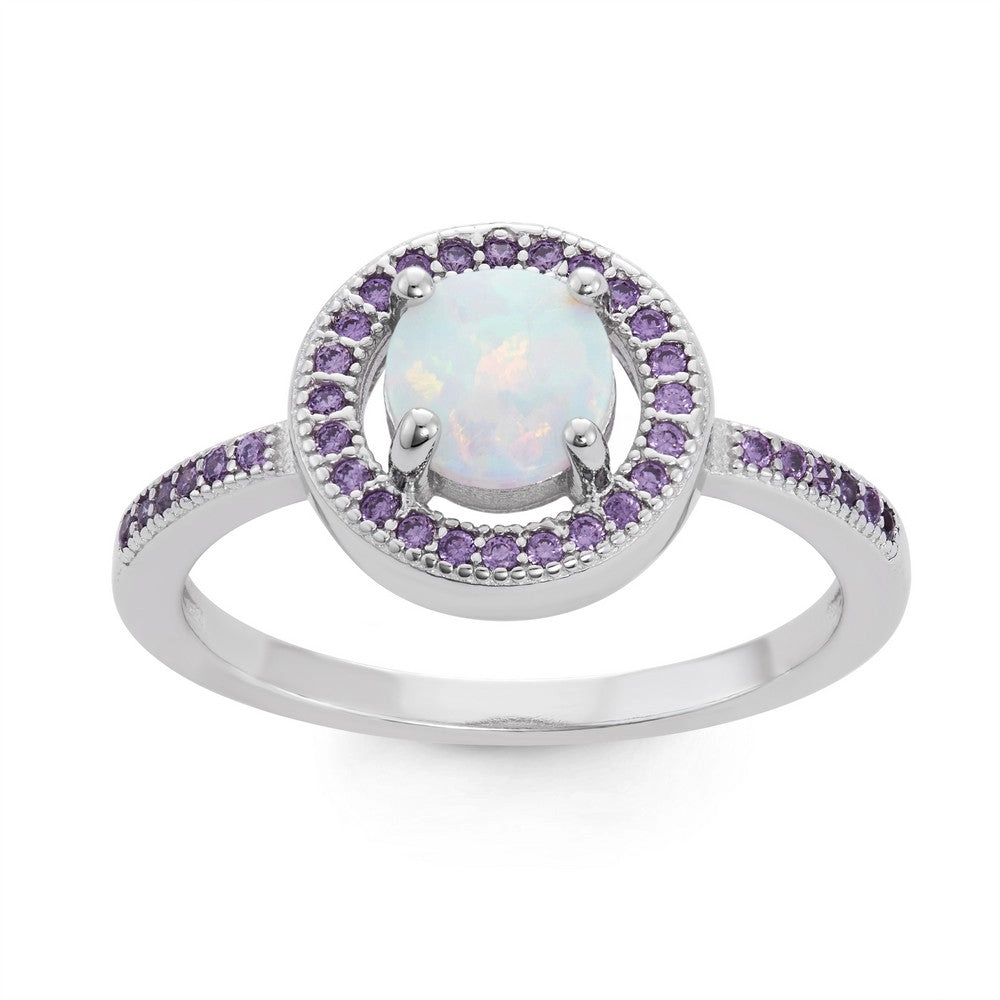 Sterling Silver White Opal Circle with Amethyst CZ Ring - W-1517