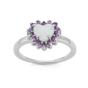 Sterling Silver White Opal Heart with Amethyst CZ Ring - W-1511