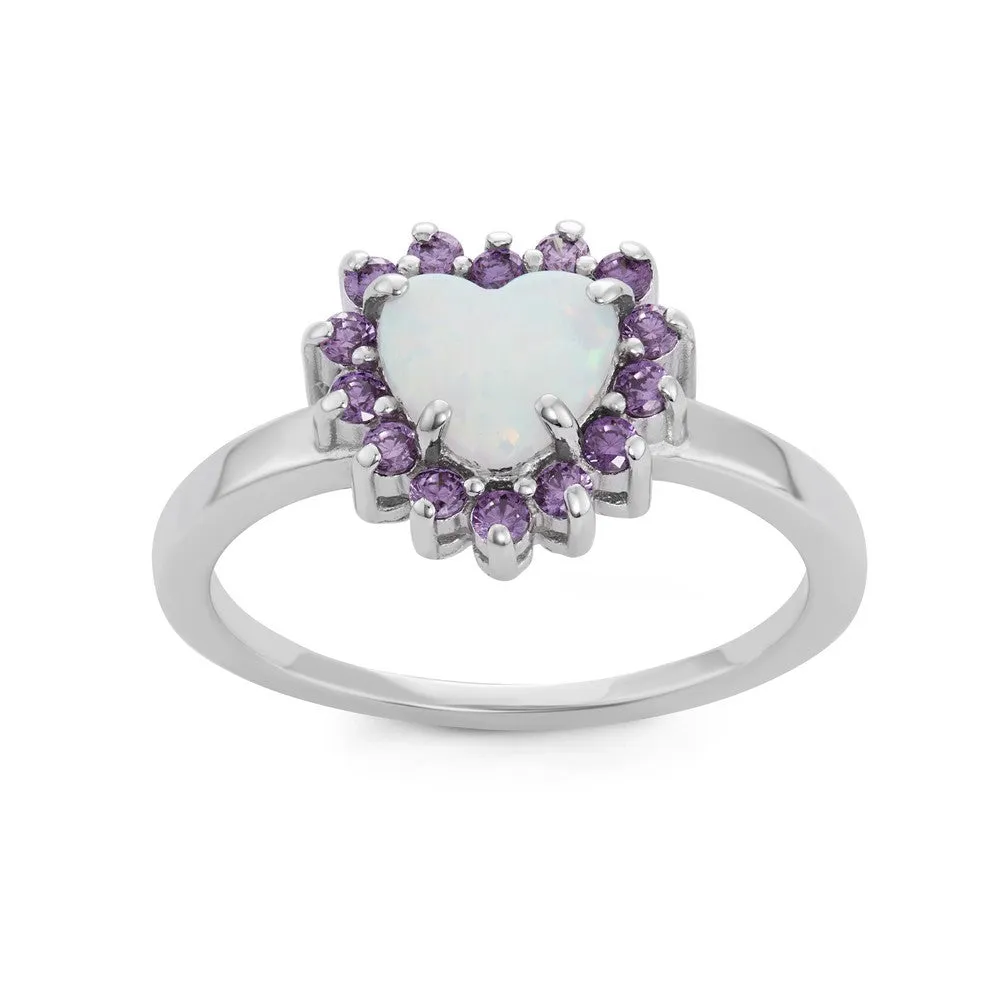 Sterling Silver White Opal Heart with Amethyst CZ Ring - W-1511